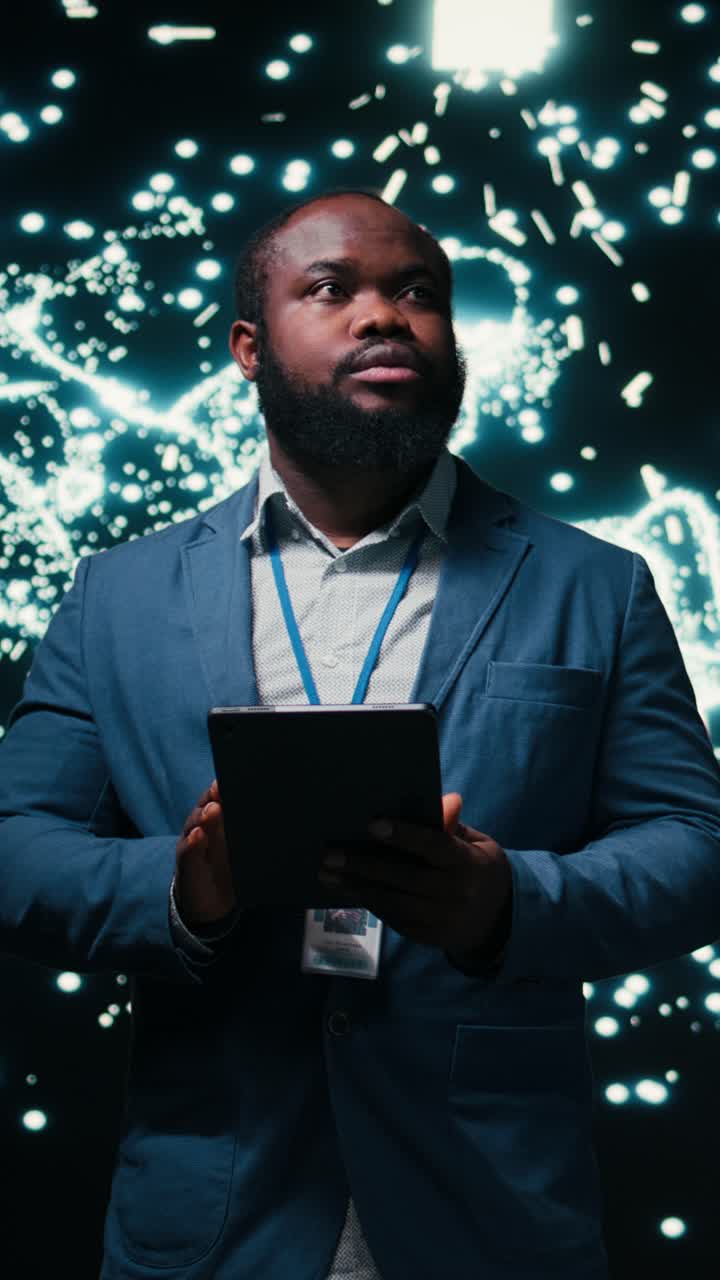 Vertical video Computer scientist optimizes neural network neurons map with tablet