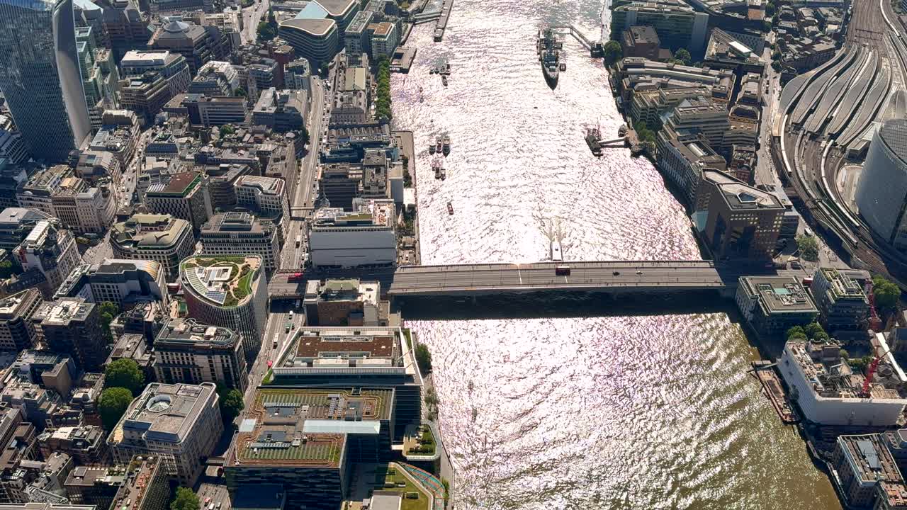 Aerial view of the Bank of England, Lower Thames Street, River Thames, Tower Bridge and the Shard, London, UK.