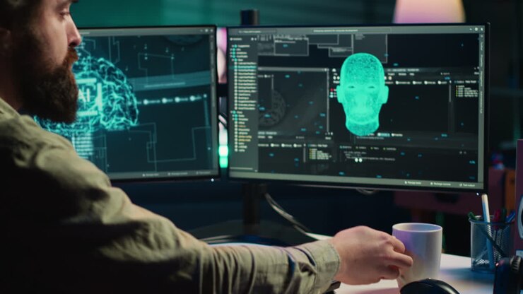 Programmer drinking coffee interrupted by awaken AI gaining consciousness