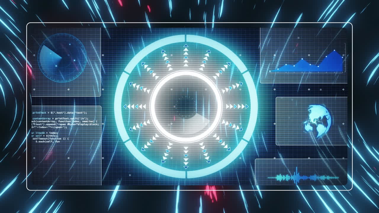 광경 스캐닝과 데이터 처리의 애니메이션은 빛 트레일 위의 화면에 있습니다.