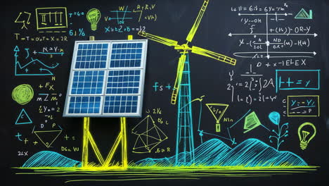 renewable energy concepts and equations on a chalkboard