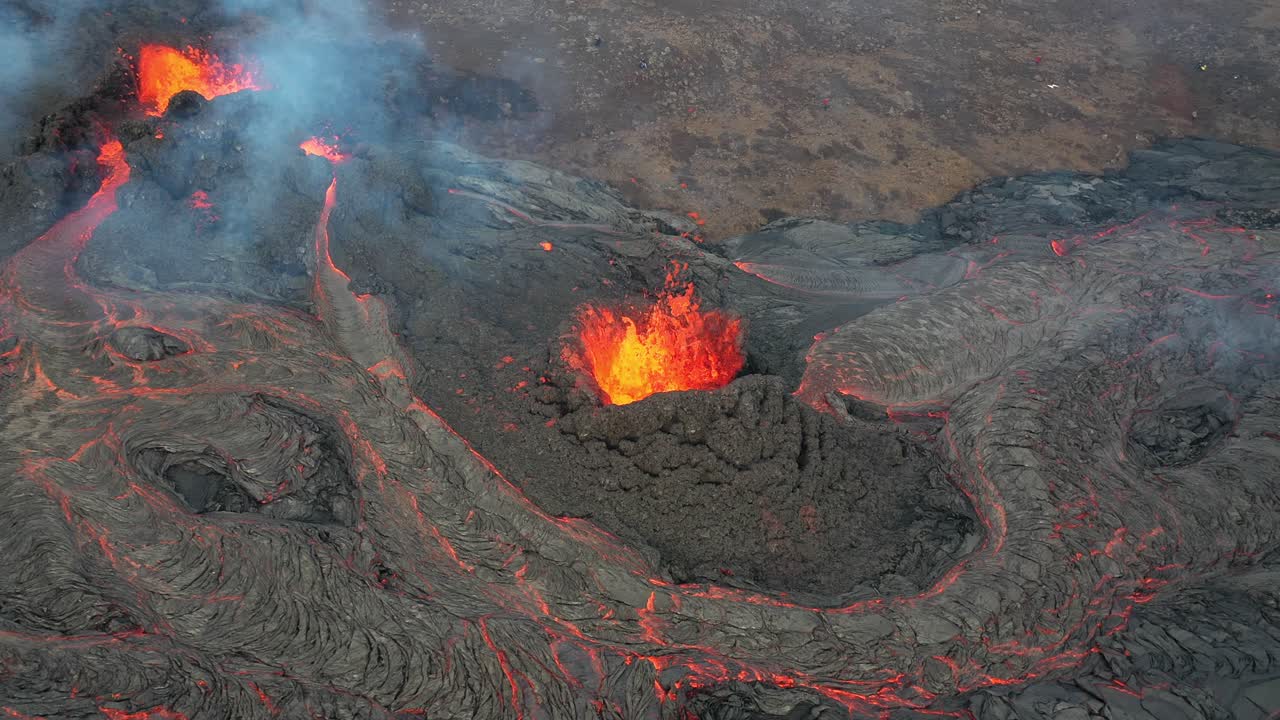 Aerial view of an active volcano eruption