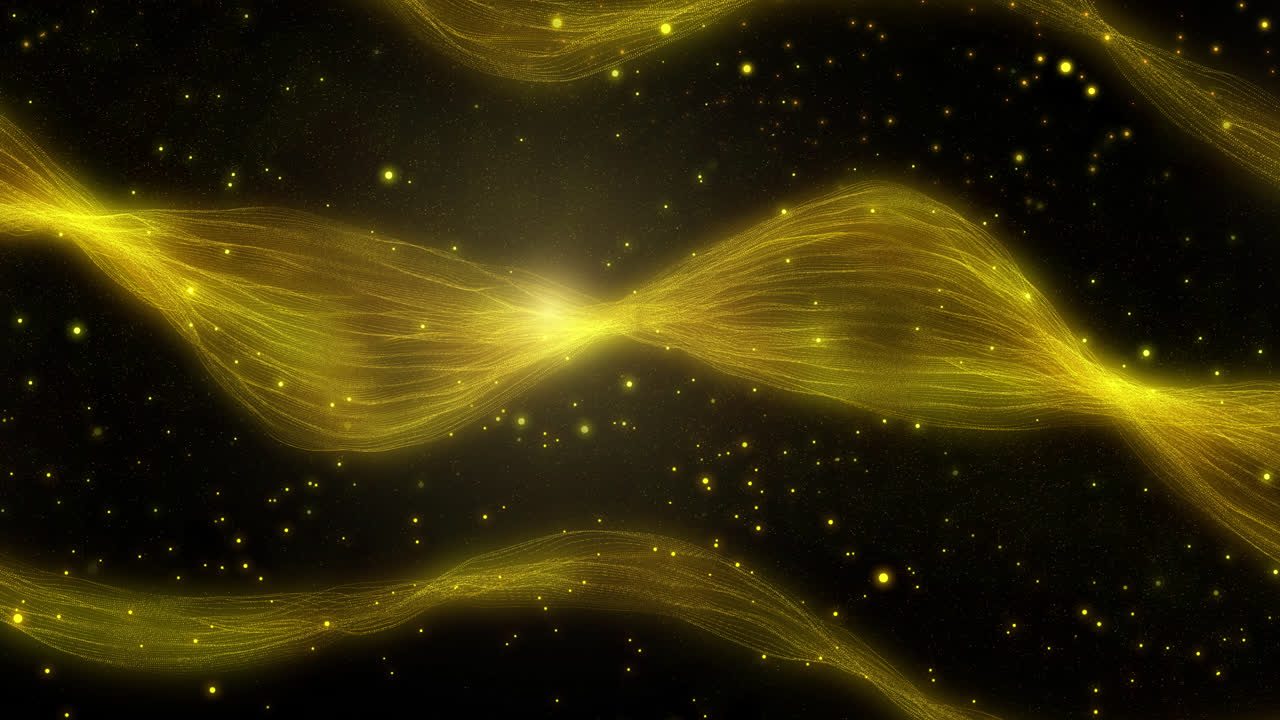 Abstract Golden Glowing Wavy Particle Trails on Dark Background