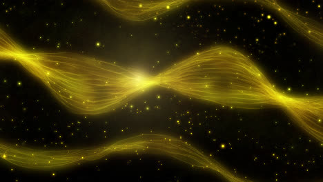 abstract golden glowing wavy particle trails on dark background