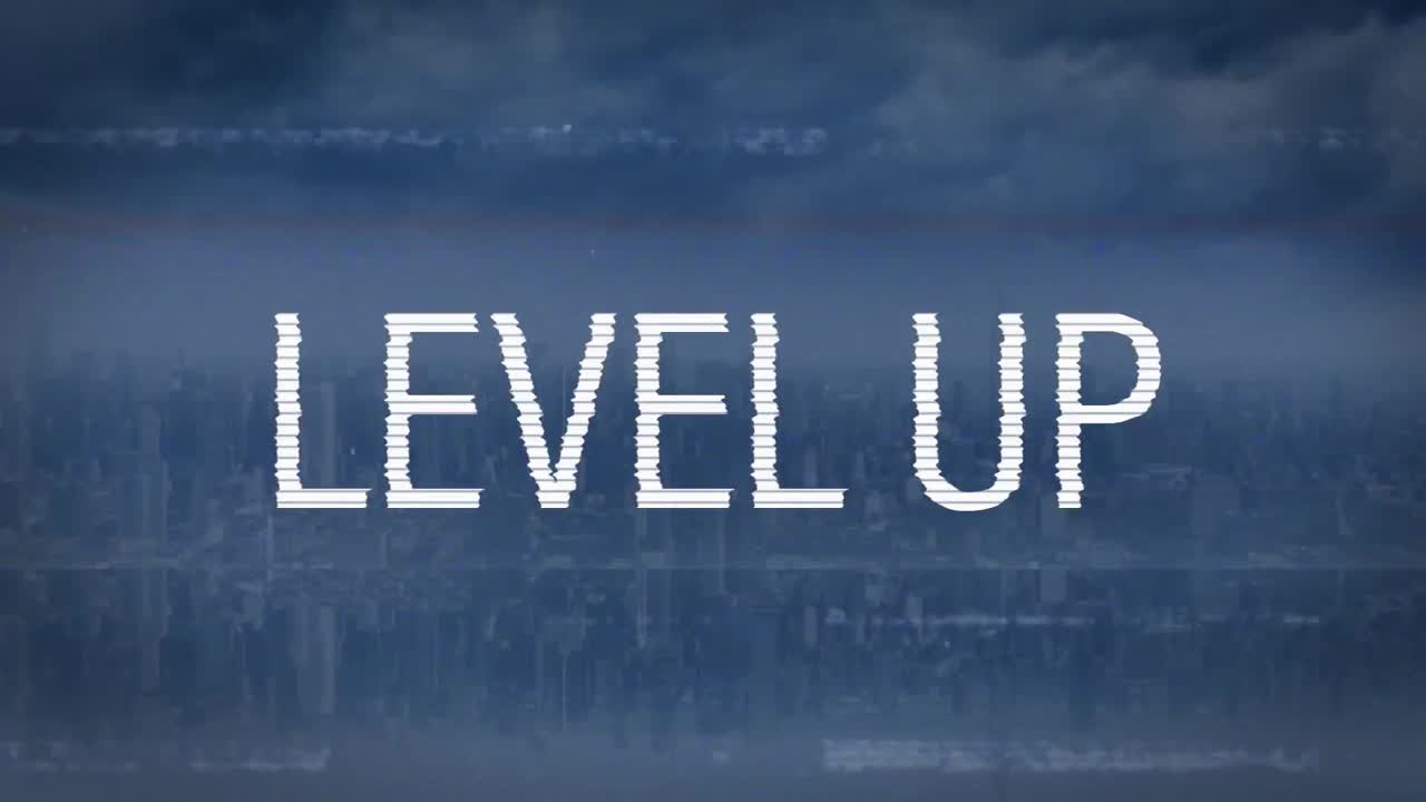 하늘과 도시 풍경의 오래된 영화에 대한 간섭과 함께 색으로 레벨 업 텍스트의 애니메이션