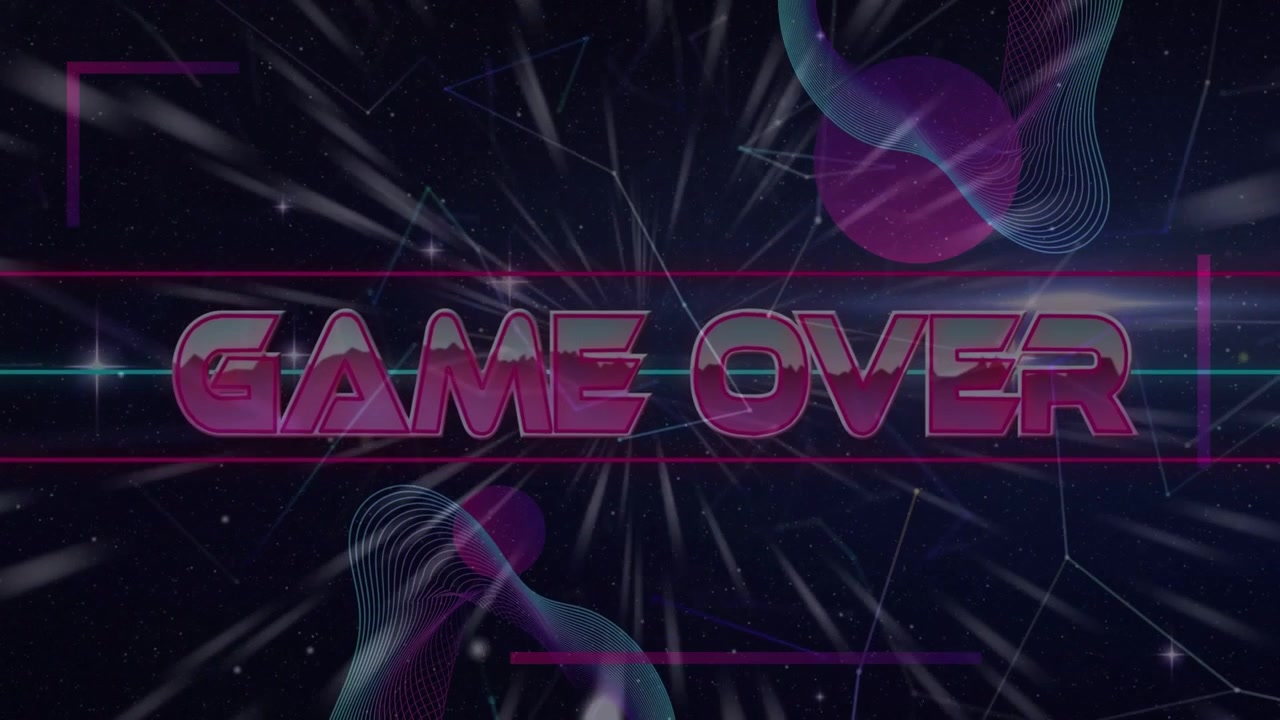 Skråt magenta omrids roterer i rummet og afslører en cyan GAME OVER-linje, der passerer og markerer spillets afslutning.