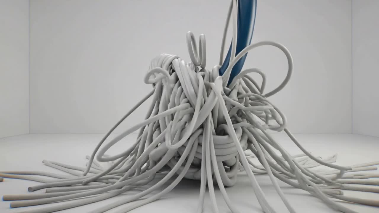 Piercing tangled pale-gray tubes, glossy blue rod pulling strands across white cubic room, aligning