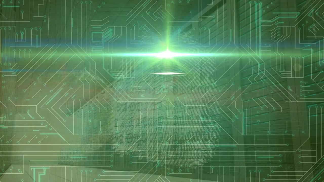 Animation of light trails and computer circuit board with data processing over server room