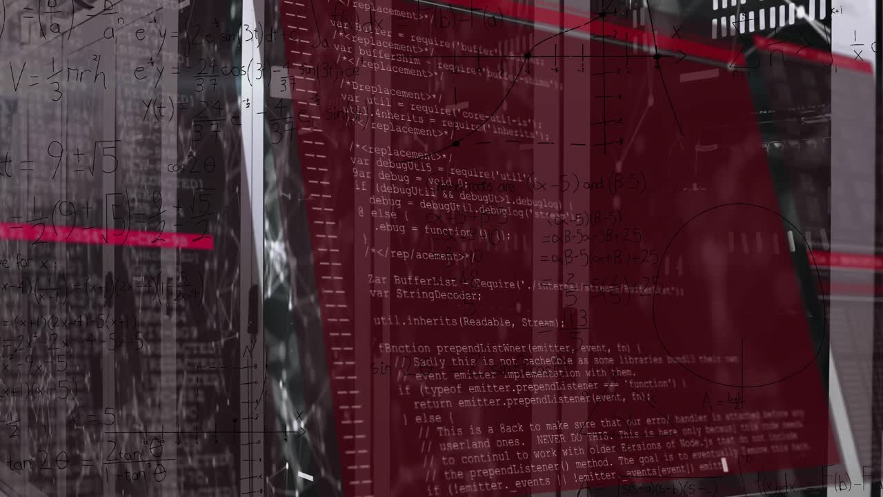 animación del lenguaje informático y la ecuación matemática sobre puntos conectados en la sala del servidor