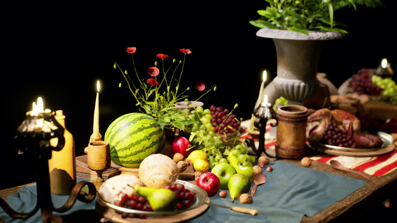 A vibrant feast of fresh fruits roasted meats and elegant decor on the table