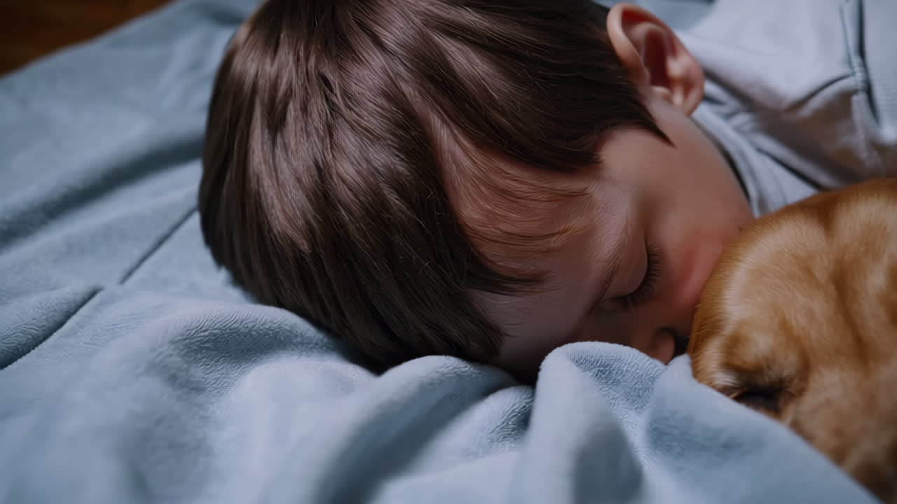 Child and Golden Retriever Sleeping Peacefully Together
