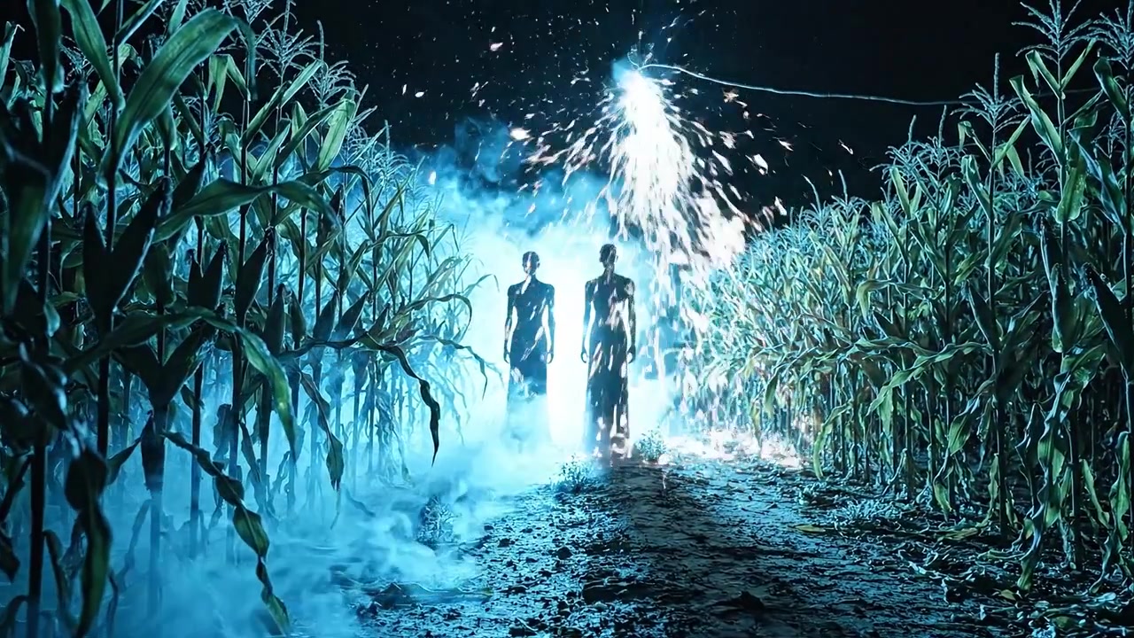 Figure eteree emergono da un campo di mais nebbioso, illuminate da una misteriosa luce blu, creando un'atmosfera enigmatica di intrigo e suspense nella notte