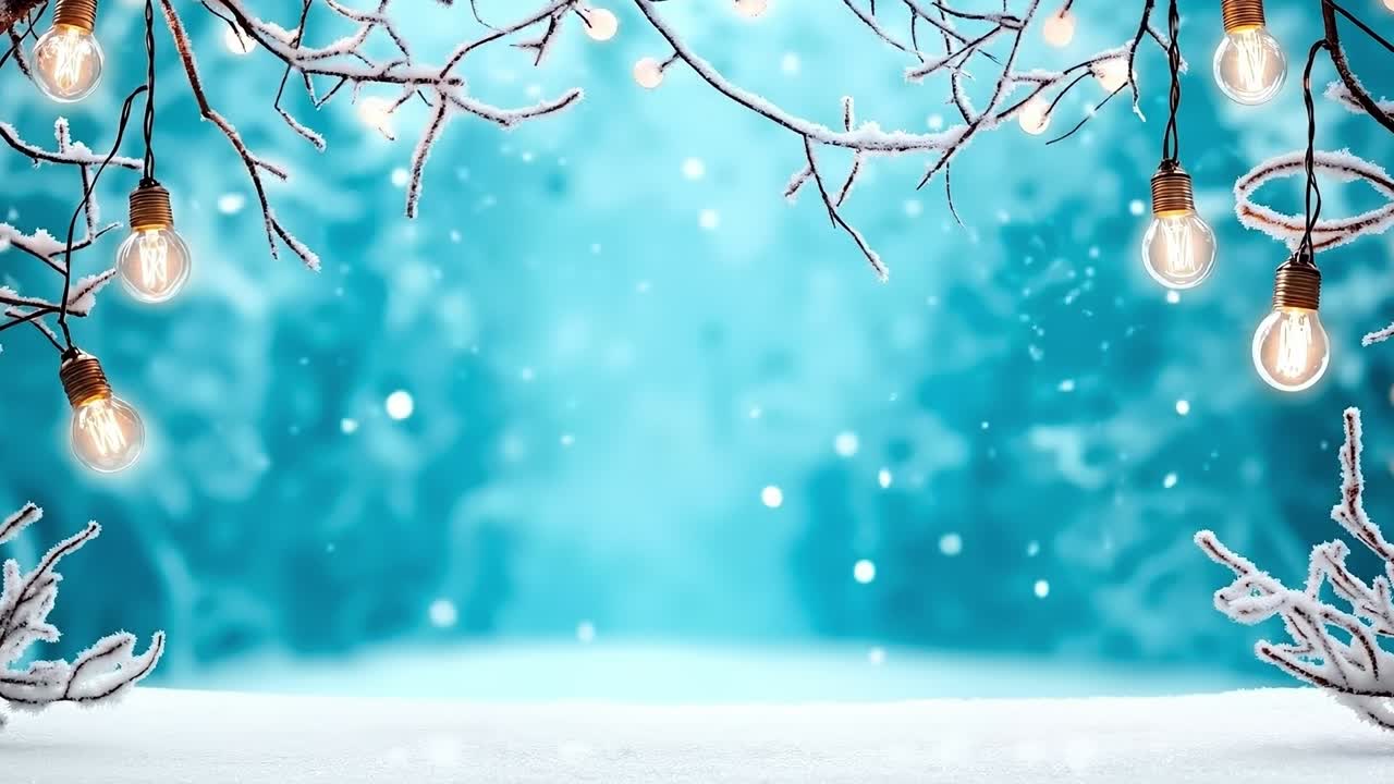 A bunch of light bulbs hanging from a tree branch covered in snow