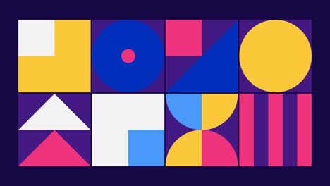 geometric pattern loop. circles, squares animation. modernist abstract background. bauhaus design style. blue, white, pink, purple, yellow.