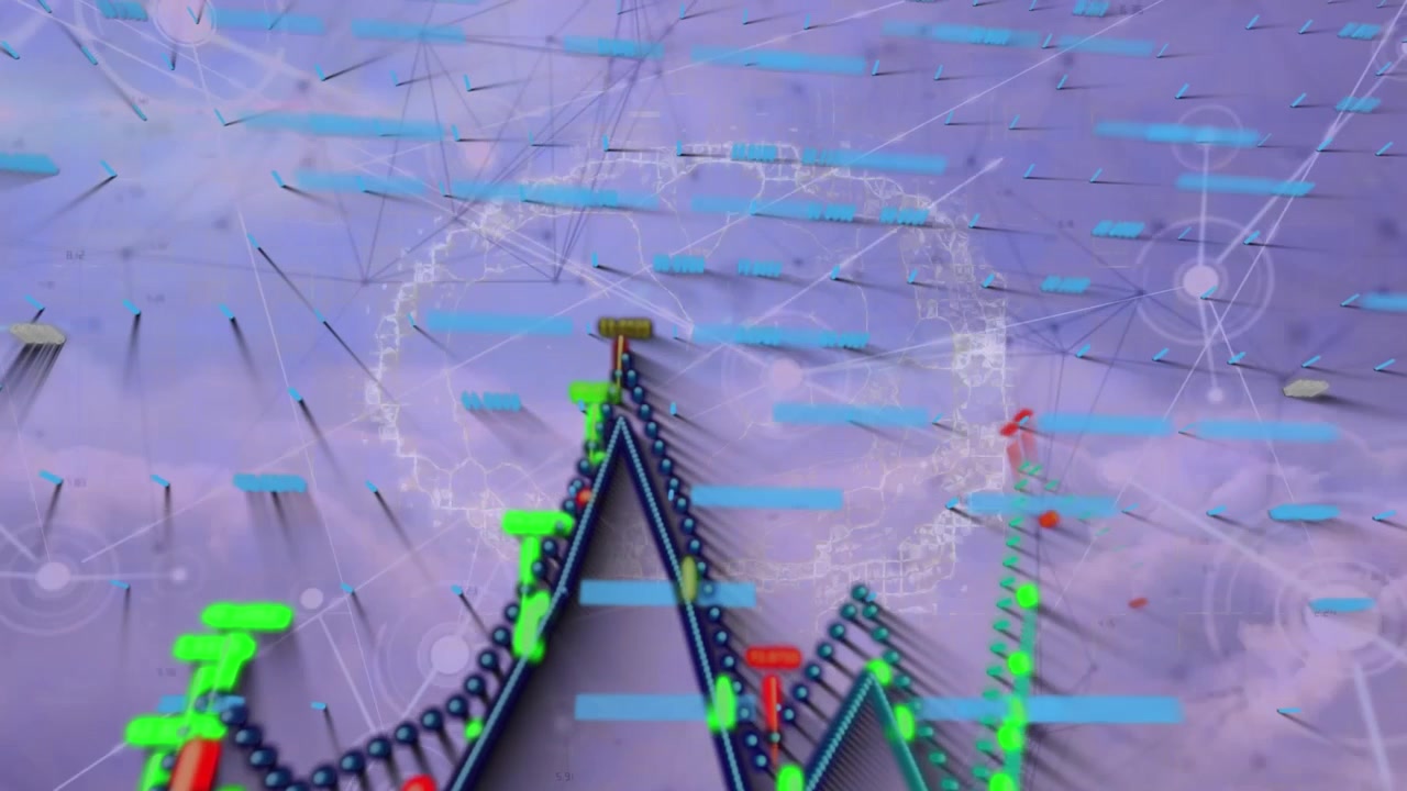 Animazione di grafici e cervello su connessioni, su sfondo viola.