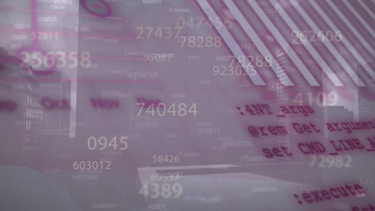 Animación de un número cambiante sobre gráficos y lenguaje informático con edificios de fondo