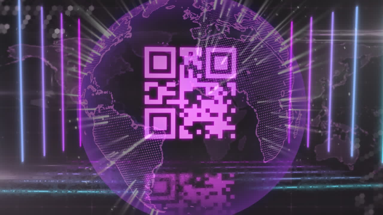 QR code scanner with neon elements against spinning globe and world map