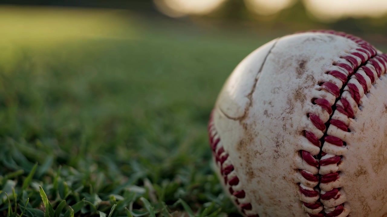 Primo piano di una palla da baseball usurata sull'erba verde