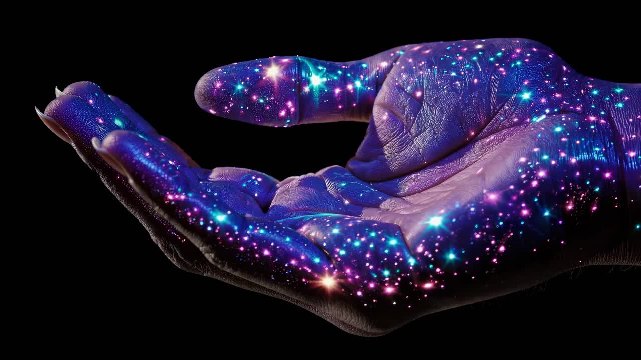 A close-up, angled shot of a hand with glowing, starry patterns, evoking a cosmic theme