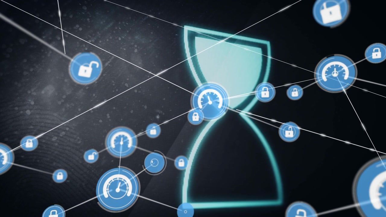 Cyan hourglass centering as blue hub expanding emitting links, sending lock or gauge nodes forming w