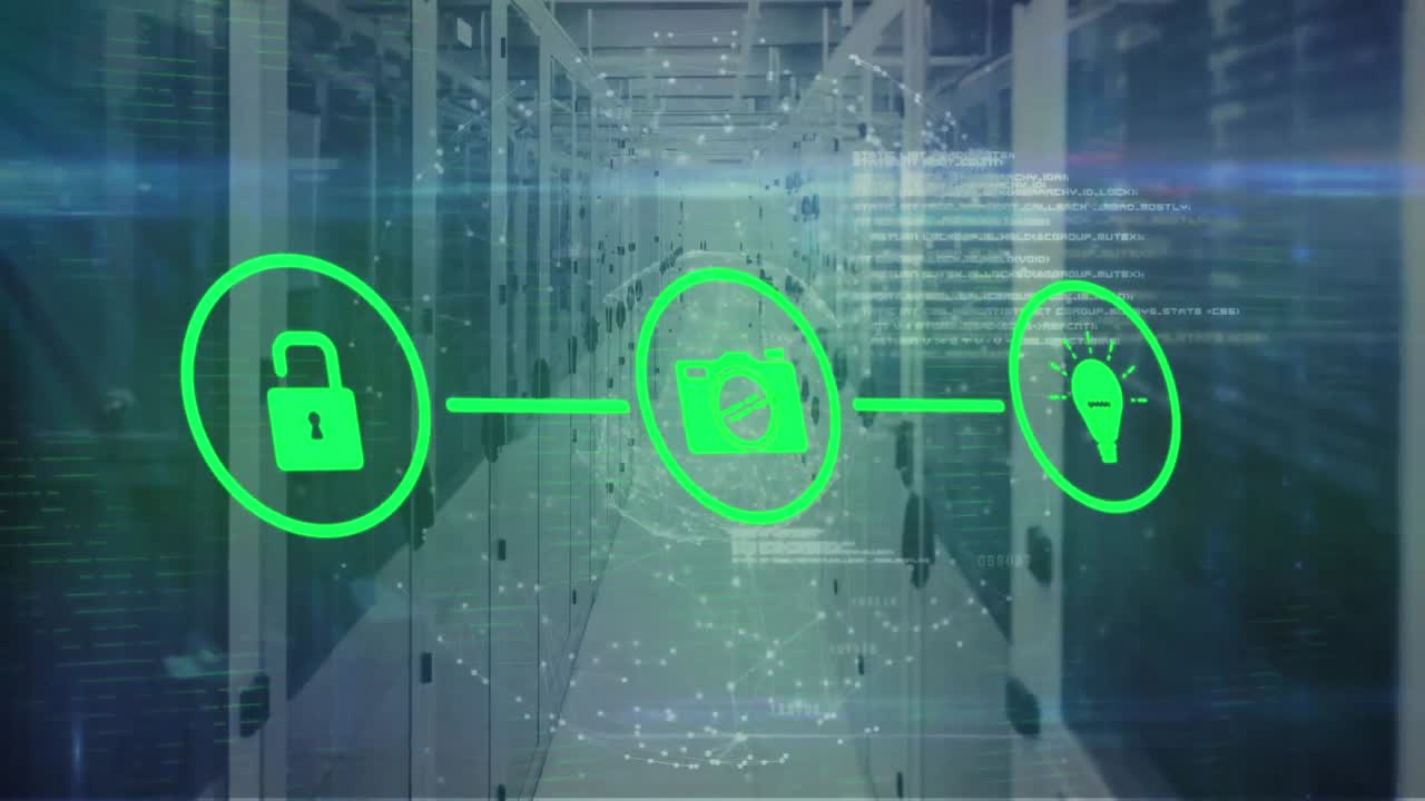 Animation of lock, camera, bulb forming flowchart over digital globe and networking racks