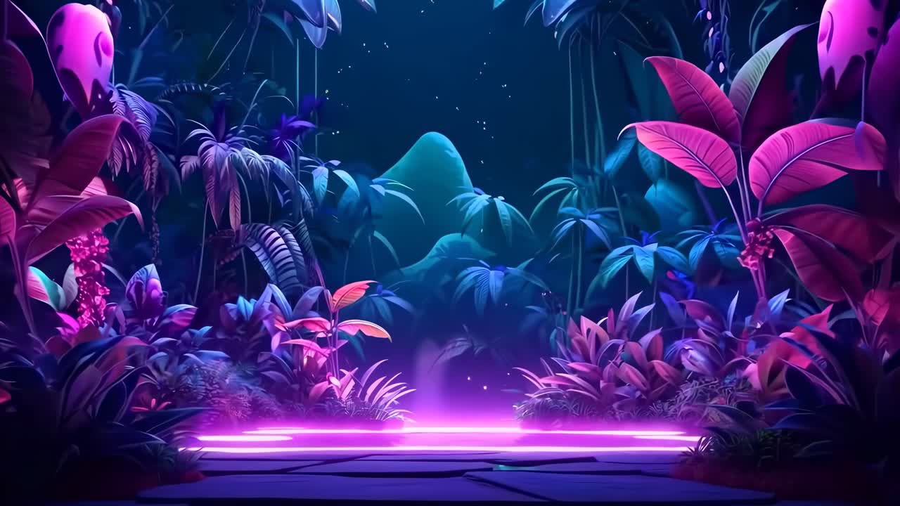 A vibrant, neon-lit jungle scene with a low-angle view, creating a futuristic video game atmosphere