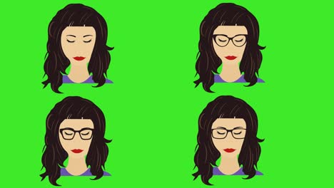 cartoon women face avatar animation, moving and blinking eyes, on green screen chroma key