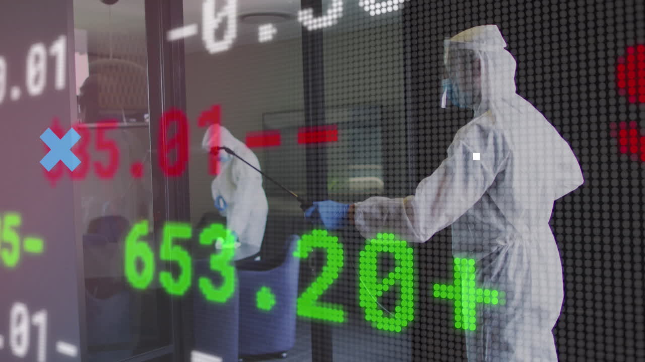 안전복을 입은 사람들이 사무실을 소독하는 것에 대한 금융 데이터 처리 애니메이션