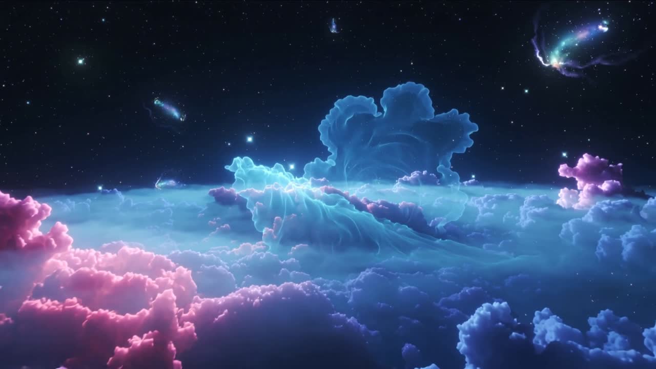 Swelling central cumulus mass shaping petal crest in upper sky as comet passing, with starfield