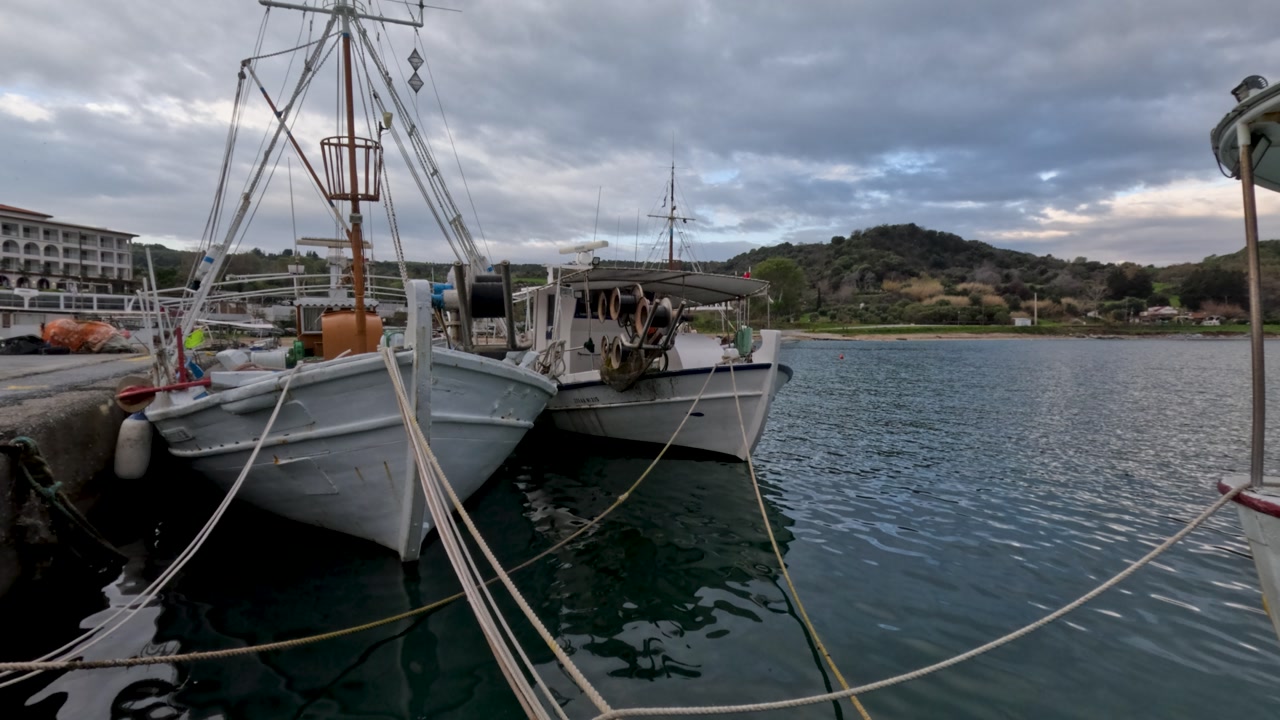 Boats are tied up at the marina in a coastal town. The water is calm as cloudy skies cover the area. Land is visible in the background with trees.