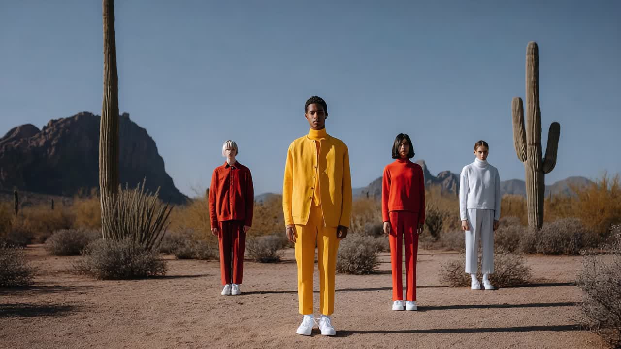 A striking visual display features four figures in bold colors standing together against a stunning desert landscape, highlighting vibrant fashion and striking contrasts