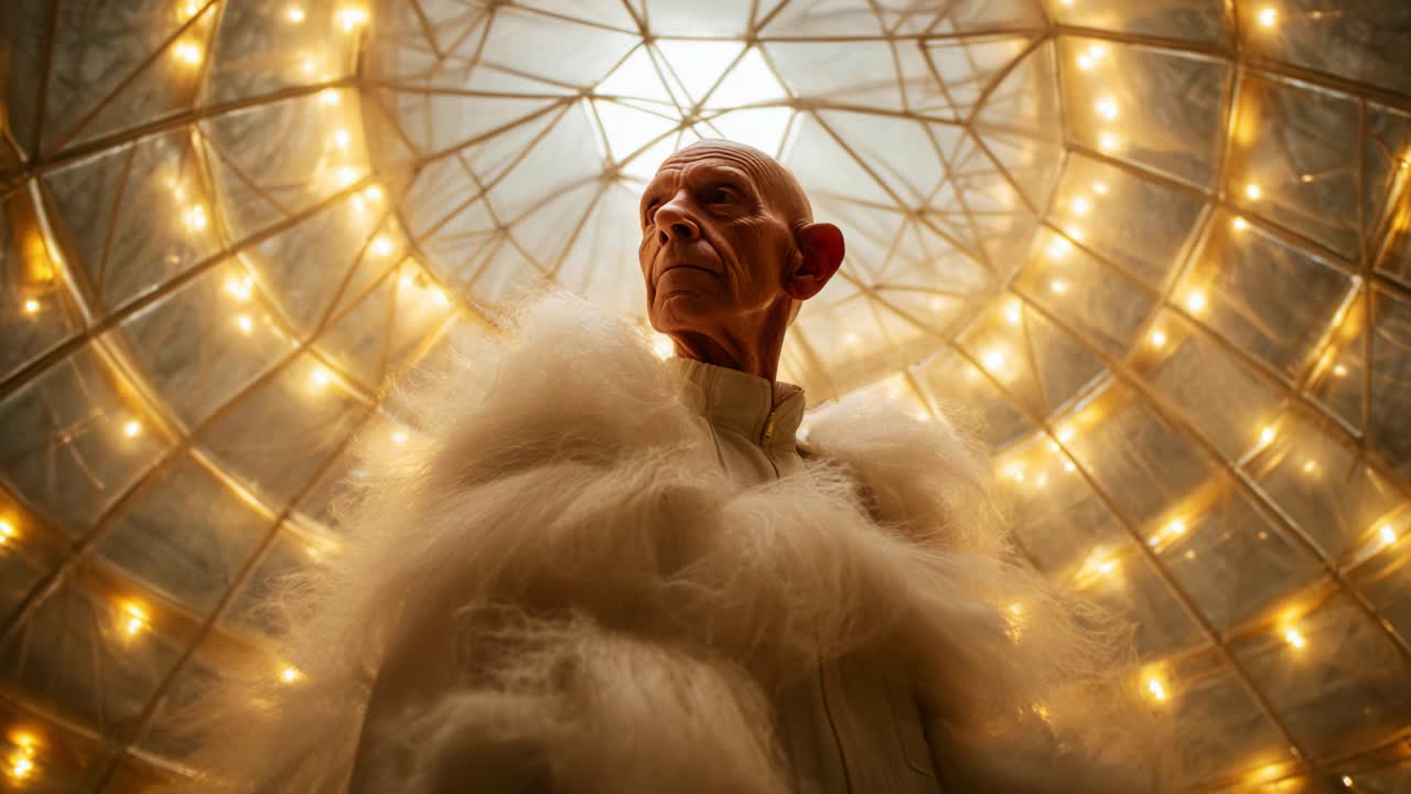 A striking figure stands in a spherical, illuminated structure, surrounded by warm lights and geometric patterns, exuding an aura of mystery and creativity