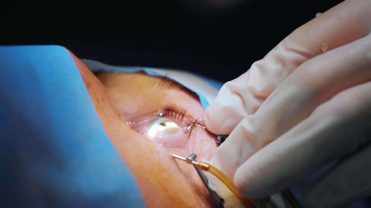 Corrección de la visión con láser. Un paciente y un equipo de cirujanos en el quirófano durante una cirugía oftálmica. Espéculo para párpados. Tratamiento Lasik. Paciente bajo cubierta estéril.