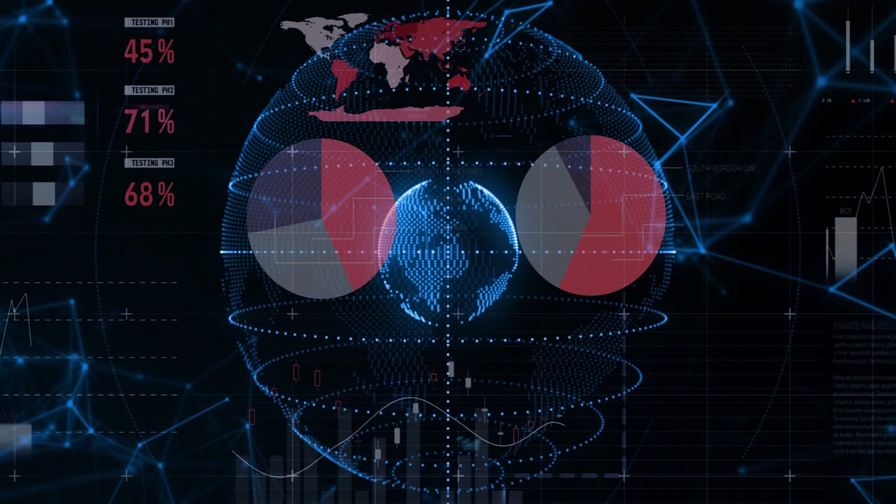 On start hologram globe forming, rings orbiting, charts rising and pies shifting to show data