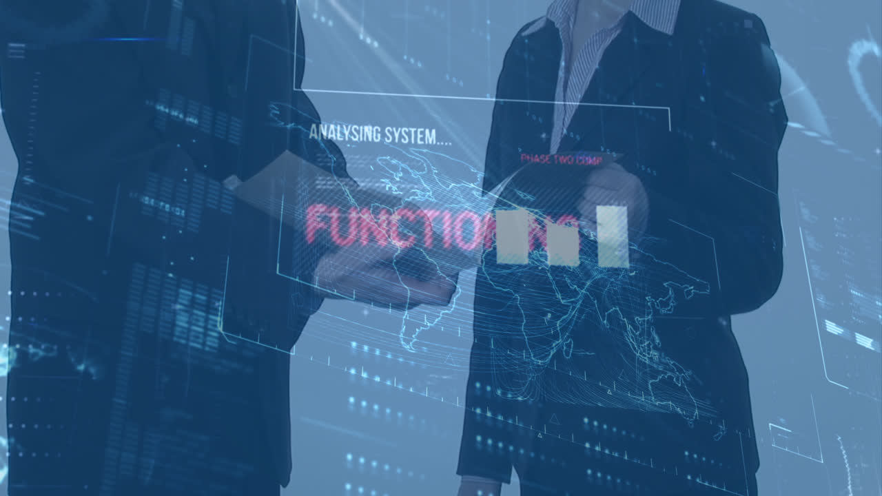 데이터 처리의 애니메이션, 세계 지도 및 분석, 코카서스 사업가에 대한 완전한