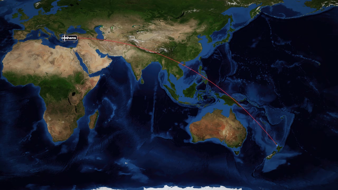 Animated Flight Path from Auckland, New Zealand to Athens, Greece