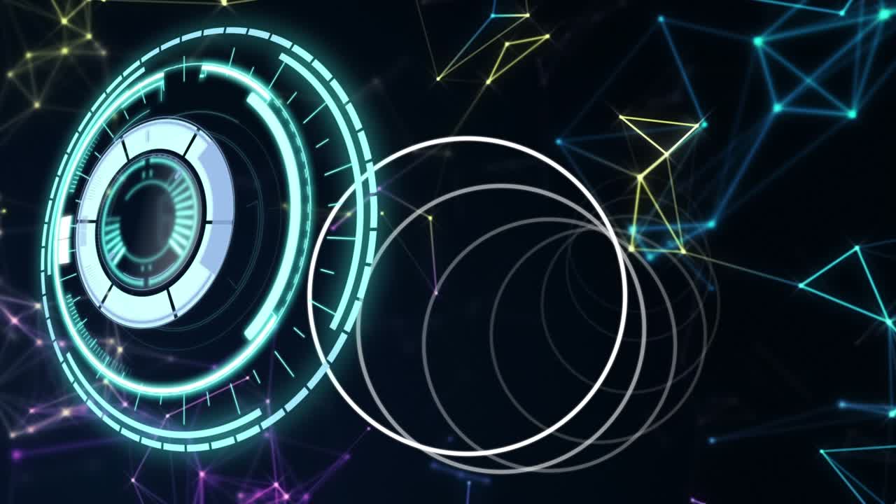 Animation of scope scanning and circles over network of connections on black background