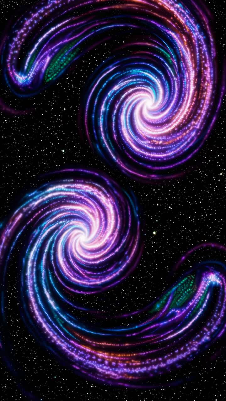 Vista video dall'alto di galassie al neon vorticose su uno sfondo stellato, in stile cosmico.