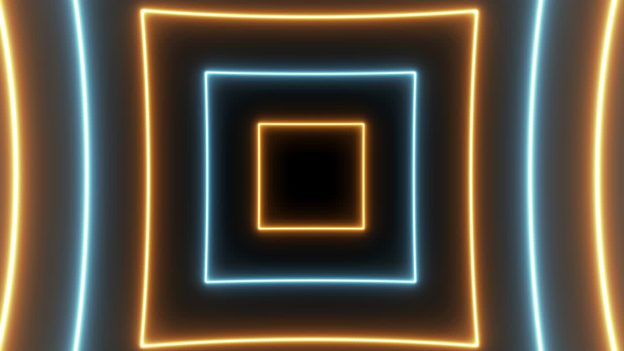 animación de vuelo en un túnel futurista con luces rectangulares de neón naranja y azul. movimiento de bucle sin costuras gráfico de fondo abstracto