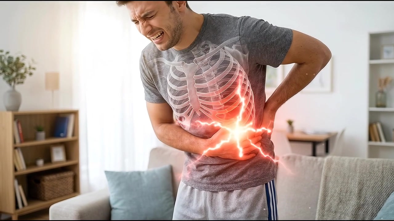 Man Suffering From Severe Abdominal Pain With Digital Anatomy Overlay