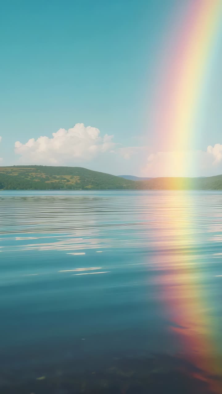 Vertical video: Sunlight hitting mist, vertical rainbow reflecting on rippled lake, copy space