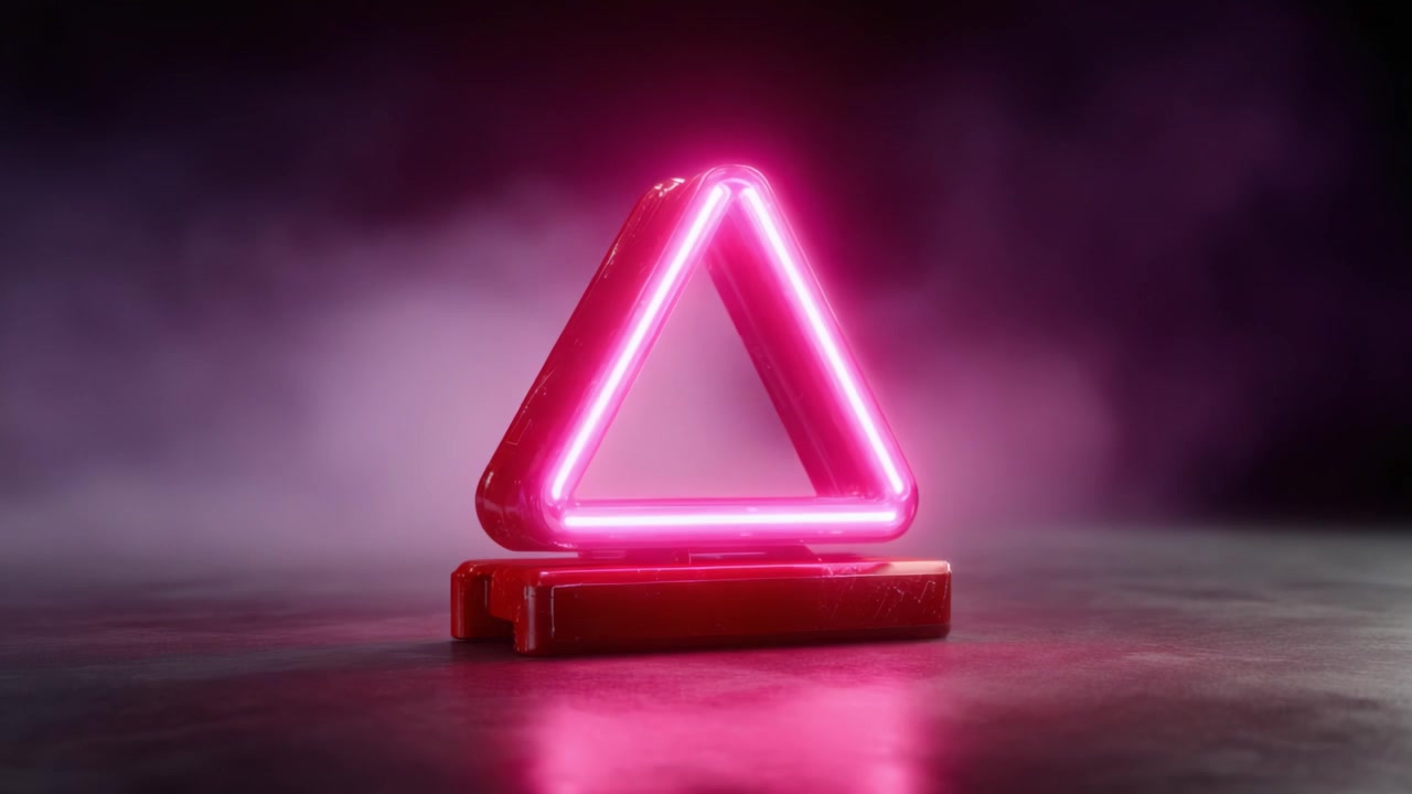 En fascinerende neontrekant står oplyst mod en mørk, tåget baggrund og kaster et levende, pink skær, der forstærker scenens surrealistiske atmosfære