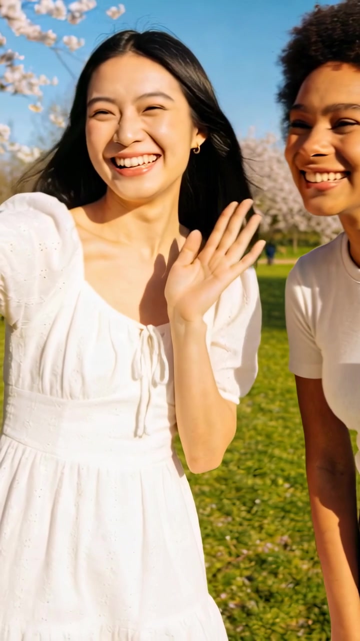 縦型動画: 白いドレスを着た女性がカメラに手を振って応え、友人が桜の木の下で身を寄せている。
