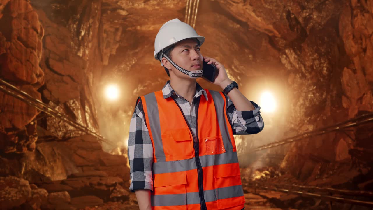 Asian Male Engineer With Safety Helmet Talking On Smartphone While Standing In Underground Mine Tunnel
