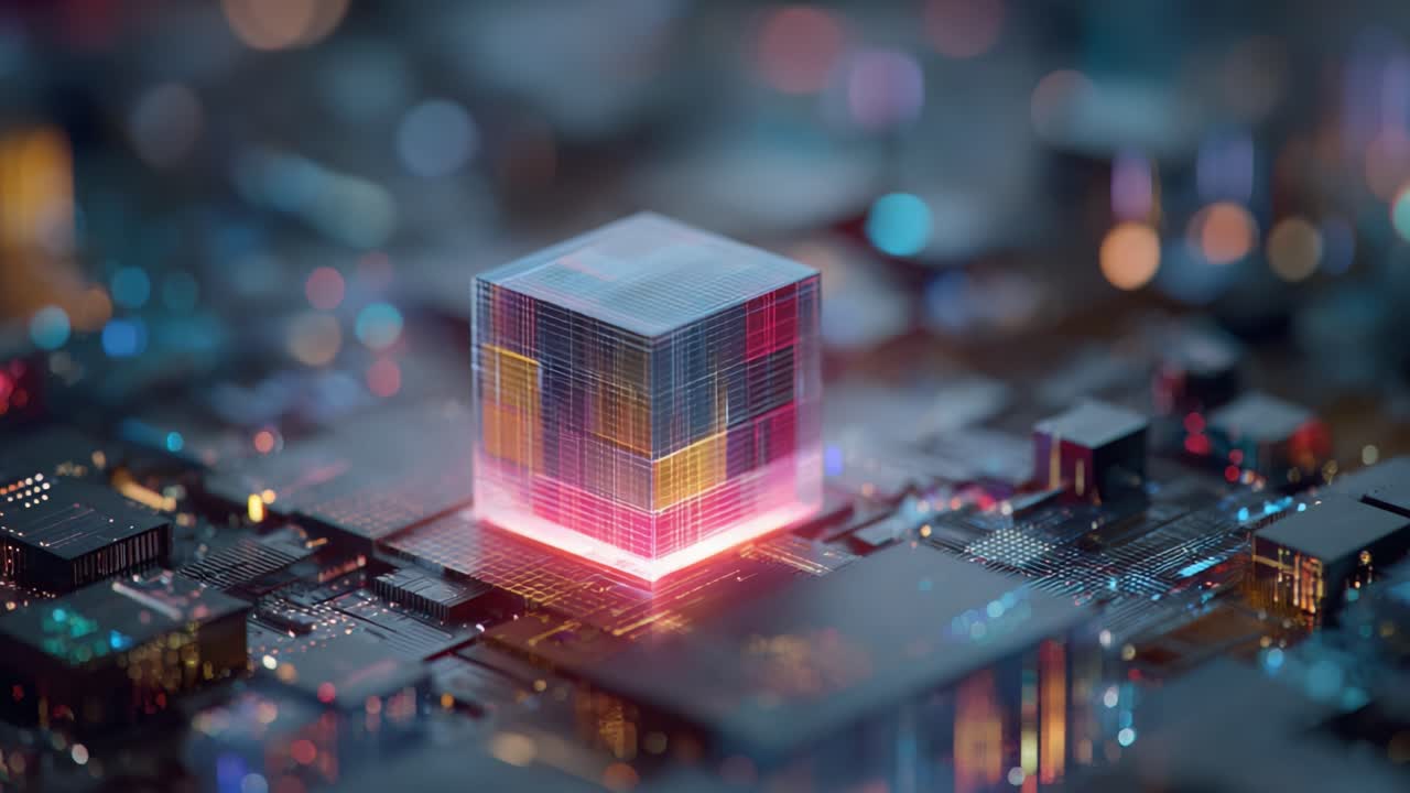 A Stunning Visual Transformation of a Quantum Cube on a Circuit Board, Showcasing Vibrant Colors and Advanced Technology in a Digitized Environment