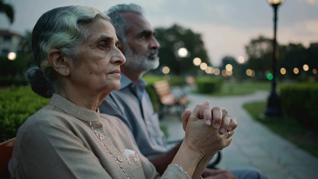 Rubbing woman in beige top showing rings, clasping hands on wooden bench at dusk, man watching