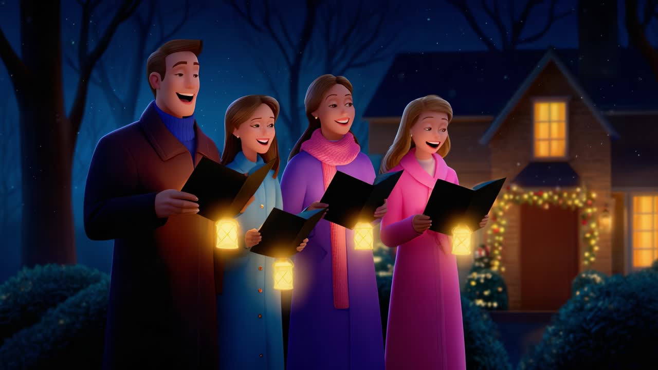 Joyous holiday carolers gather in a snowy evening, singing cheerful songs with bright smiles, holding lanterns to light up the night while surrounded by festive decorations and a cozy illuminated house