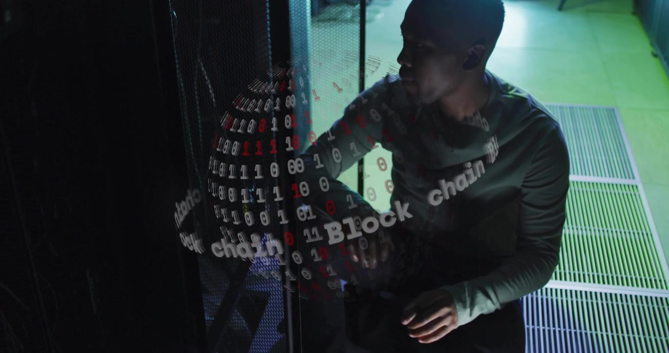 Technician inspecting and adjusting cable by rack in DC, blockchain holo sphere overlaying torso