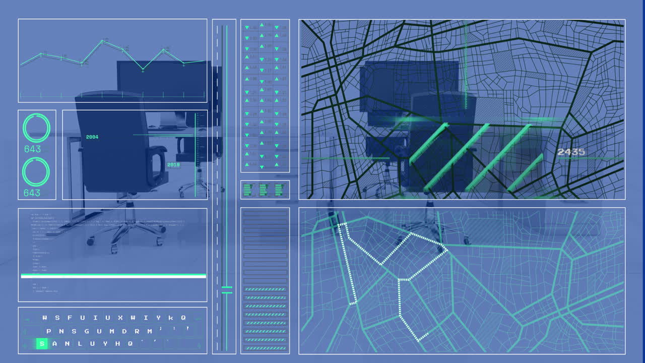 animación de la interfaz con procesamiento de datos sobre el modelo de escritorios de oficina 3d contra fondo azul