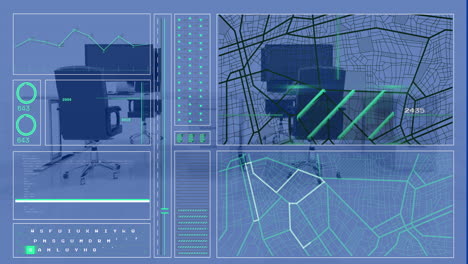 animación de la interfaz con procesamiento de datos sobre el modelo de escritorios de oficina 3d contra fondo azul